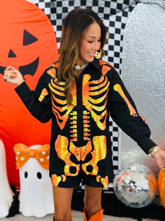 Queen Of Sparkles Black & Orange Sequin Skeleton Romper (Reg. and Plus)