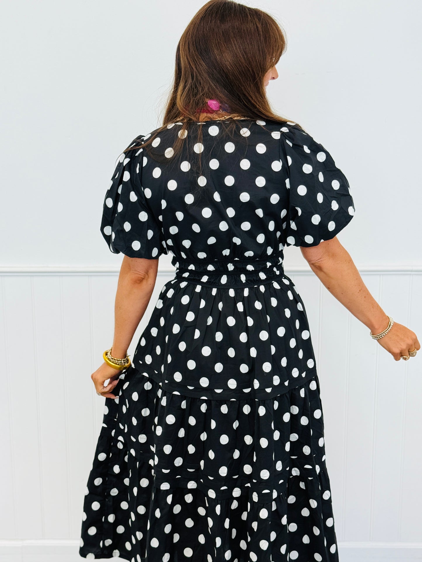 Black Polka Dot Tiered Midi Dress (Reg.)