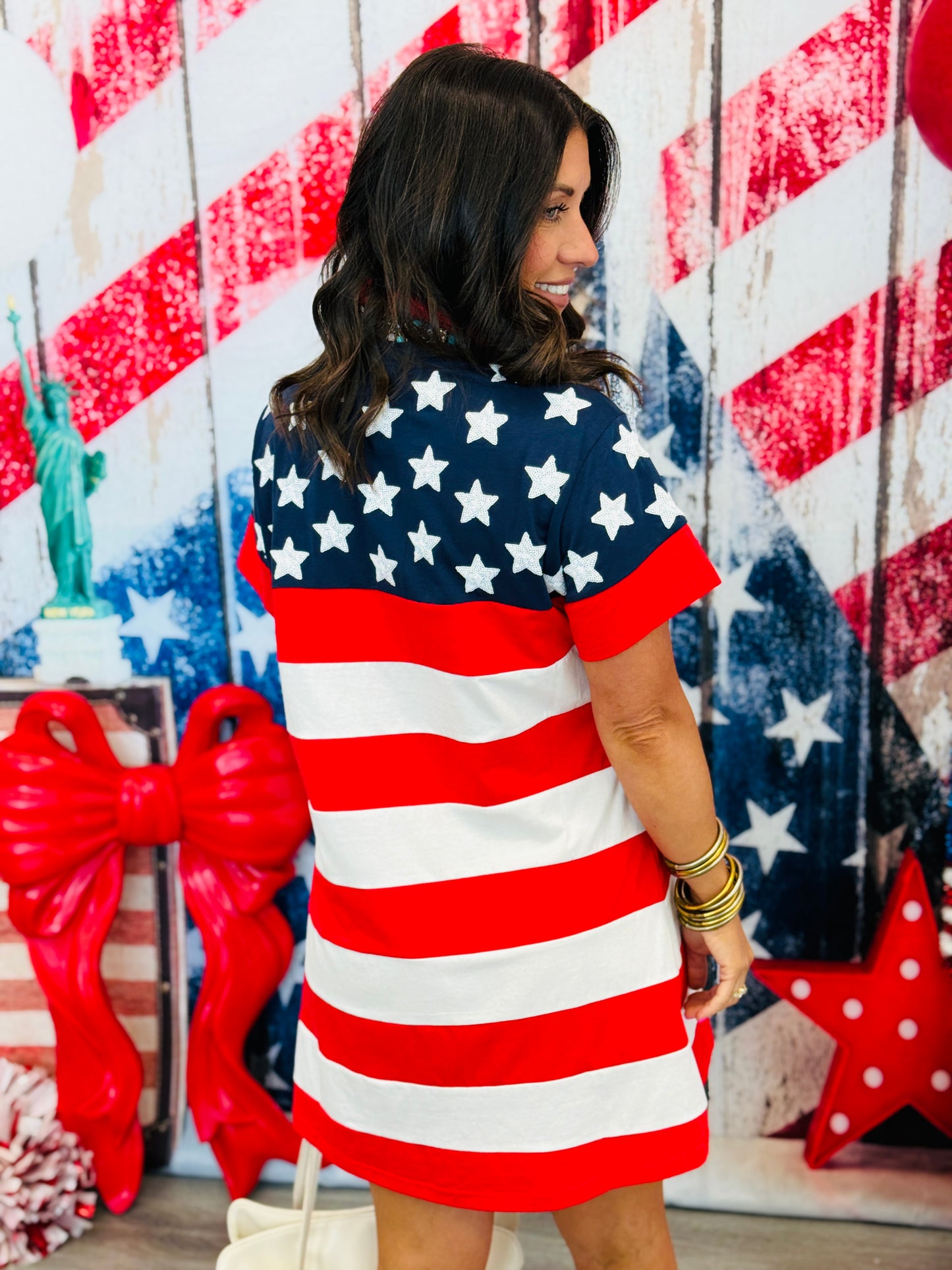 Queen Of Sparkles USA Star & Stripe Card Logo Mini Dress (Reg. & Plus)