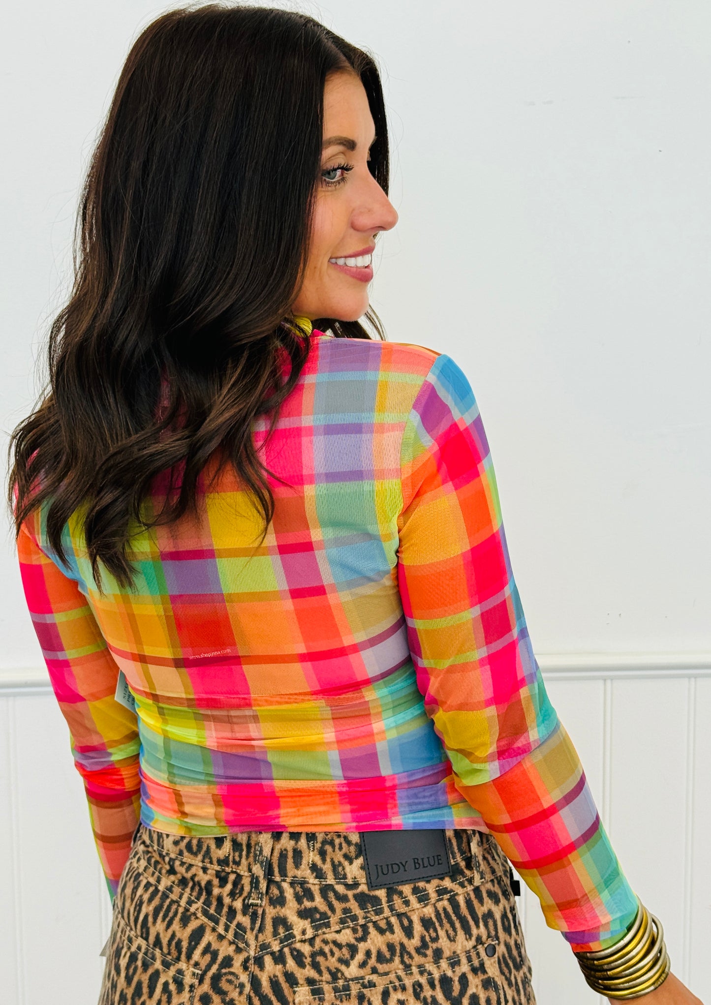 Rainbow Plaid Print Mesh Top (Reg & Plus)