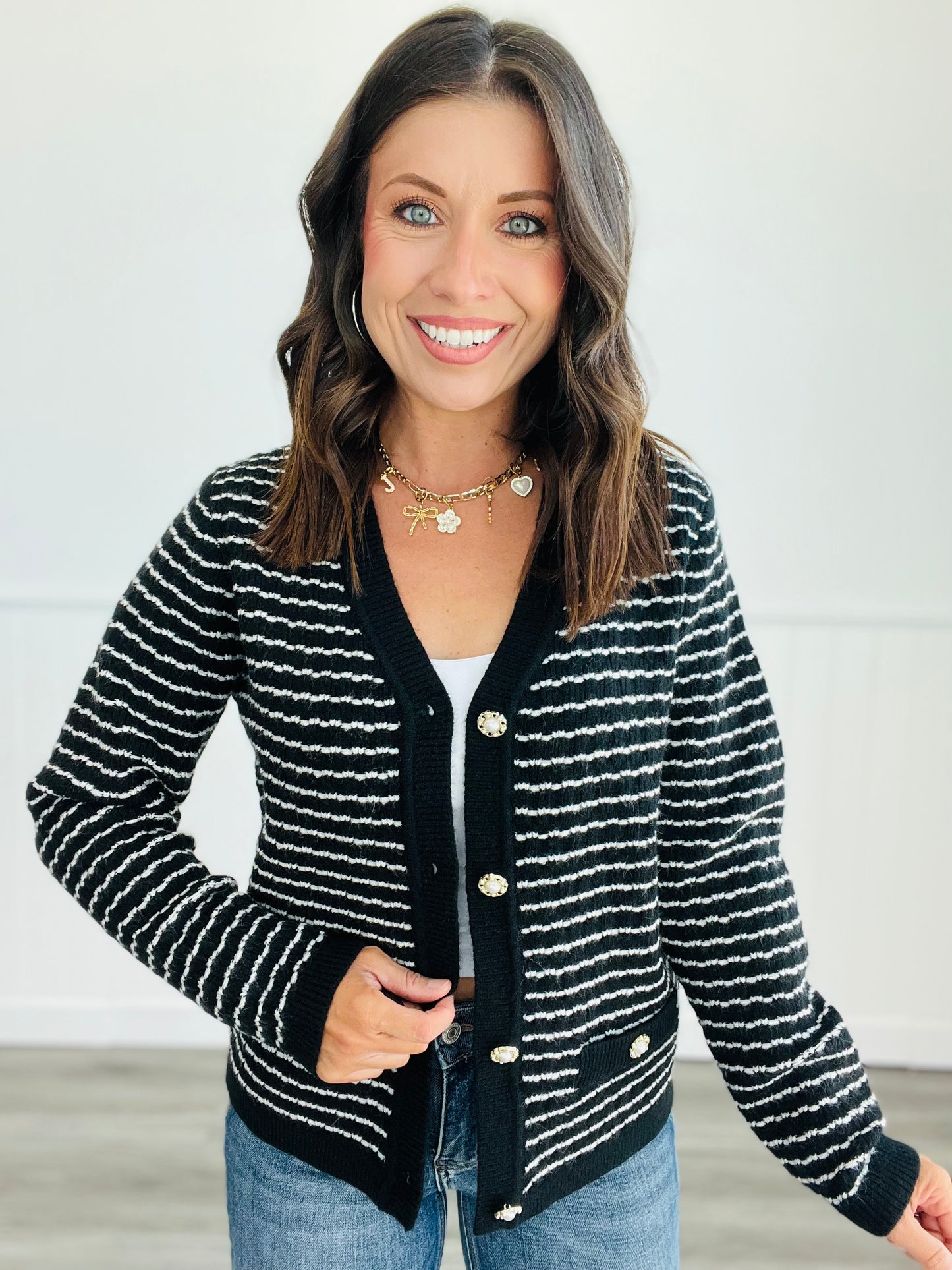 Striped V-Neck Sweater Cardigan (Reg)-3 Colors