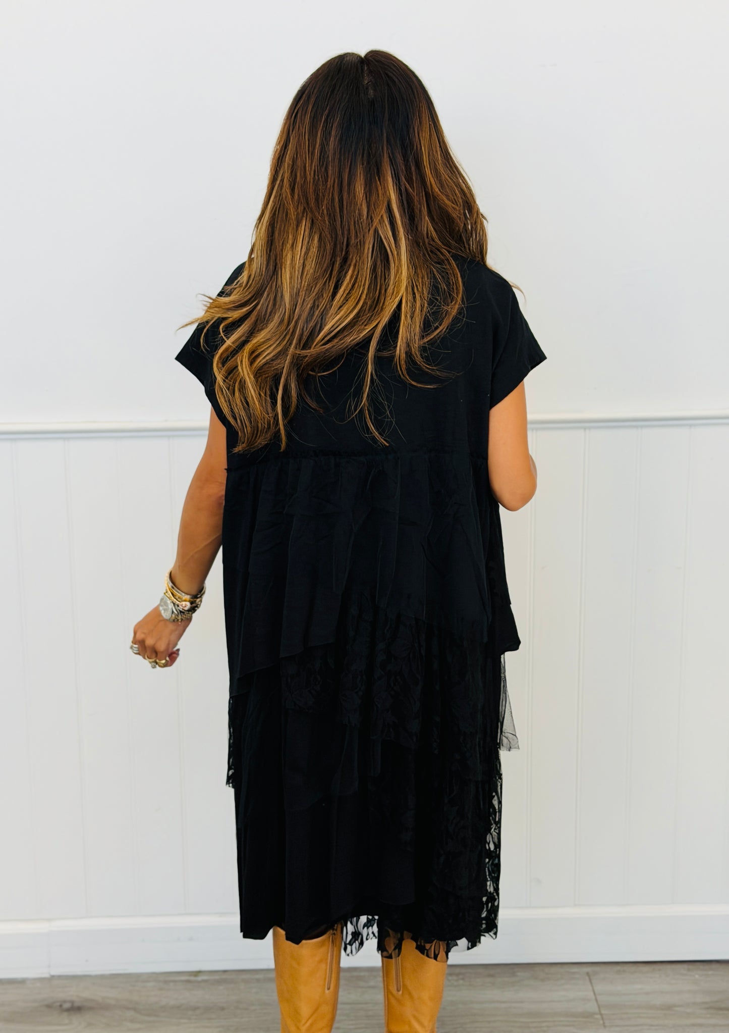 Black Lace Tiered Open Front Cardigan (Reg.)