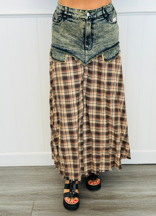Brown Plaid & Denim Layered Maxi Skirt (Reg & Plus)