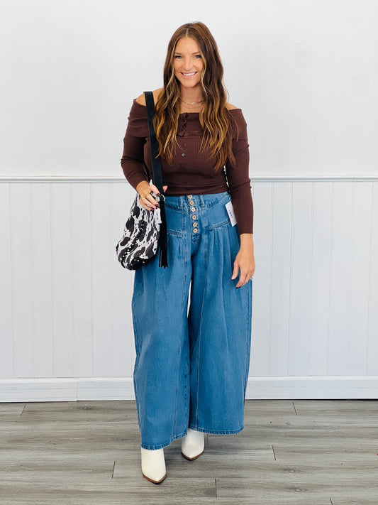 Medium Wash Front Button Down Flare Jeans (Reg.)