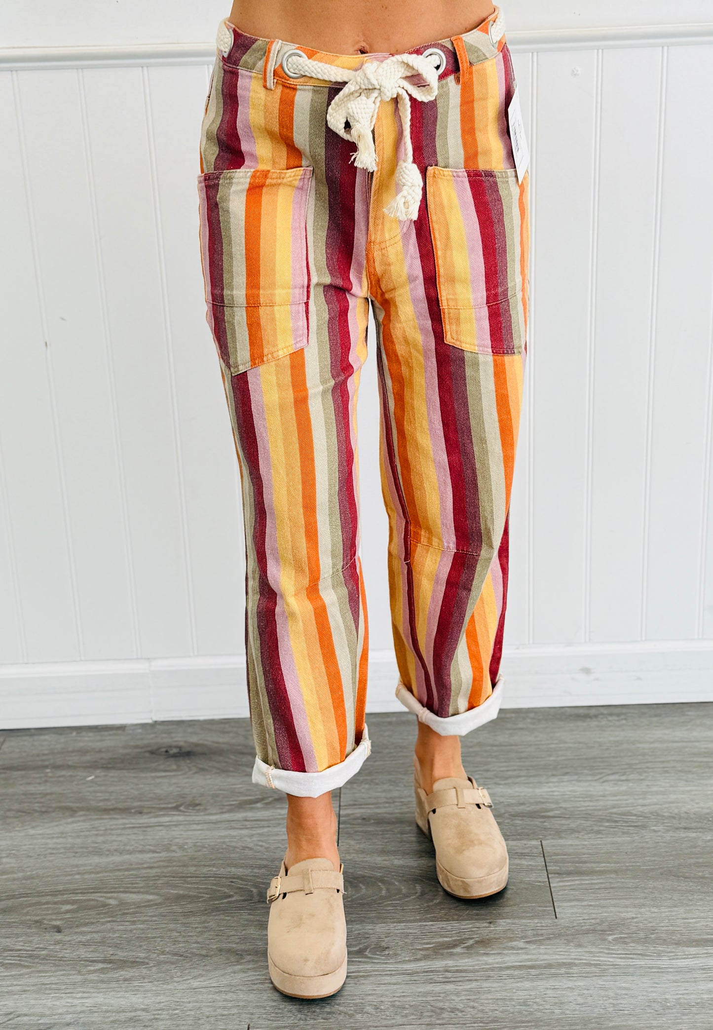 Burgundy Multi Stripes String Barrel Pants (Reg.)