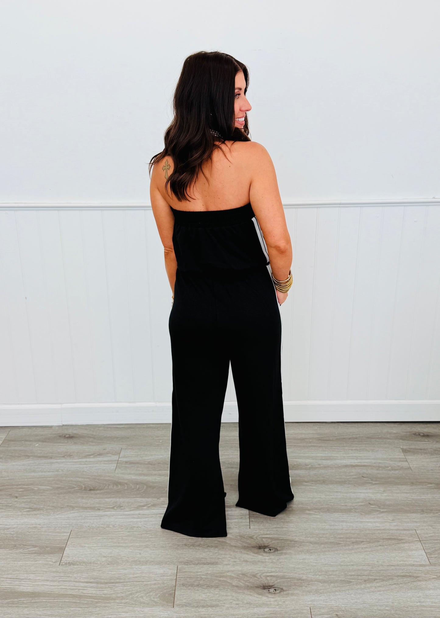 Black Side Stripe Tube Top Jumpsuit (Reg. and Plus)