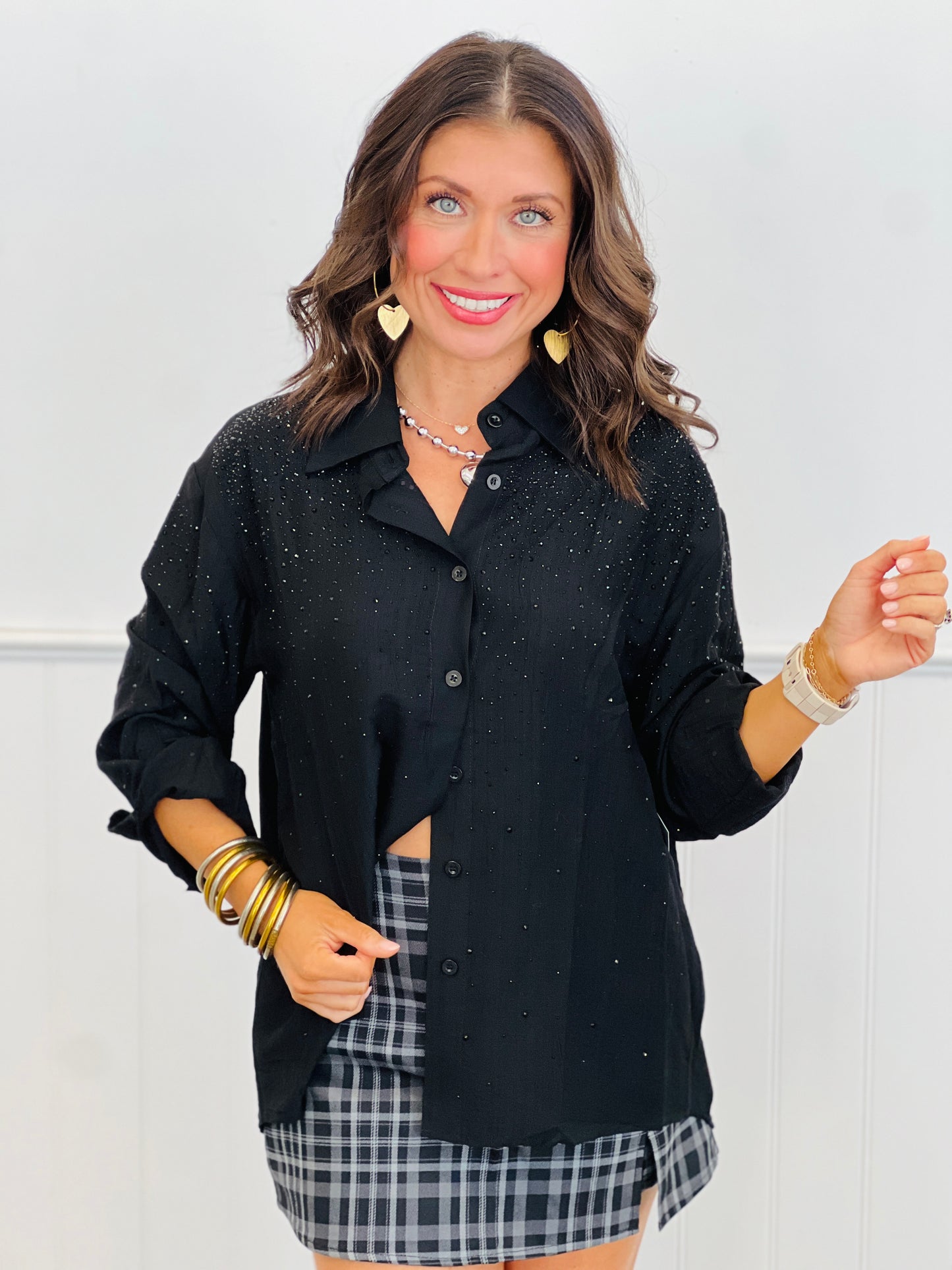 Rhinestone Long Sleeve Shirt  (Reg.)-2 Colors