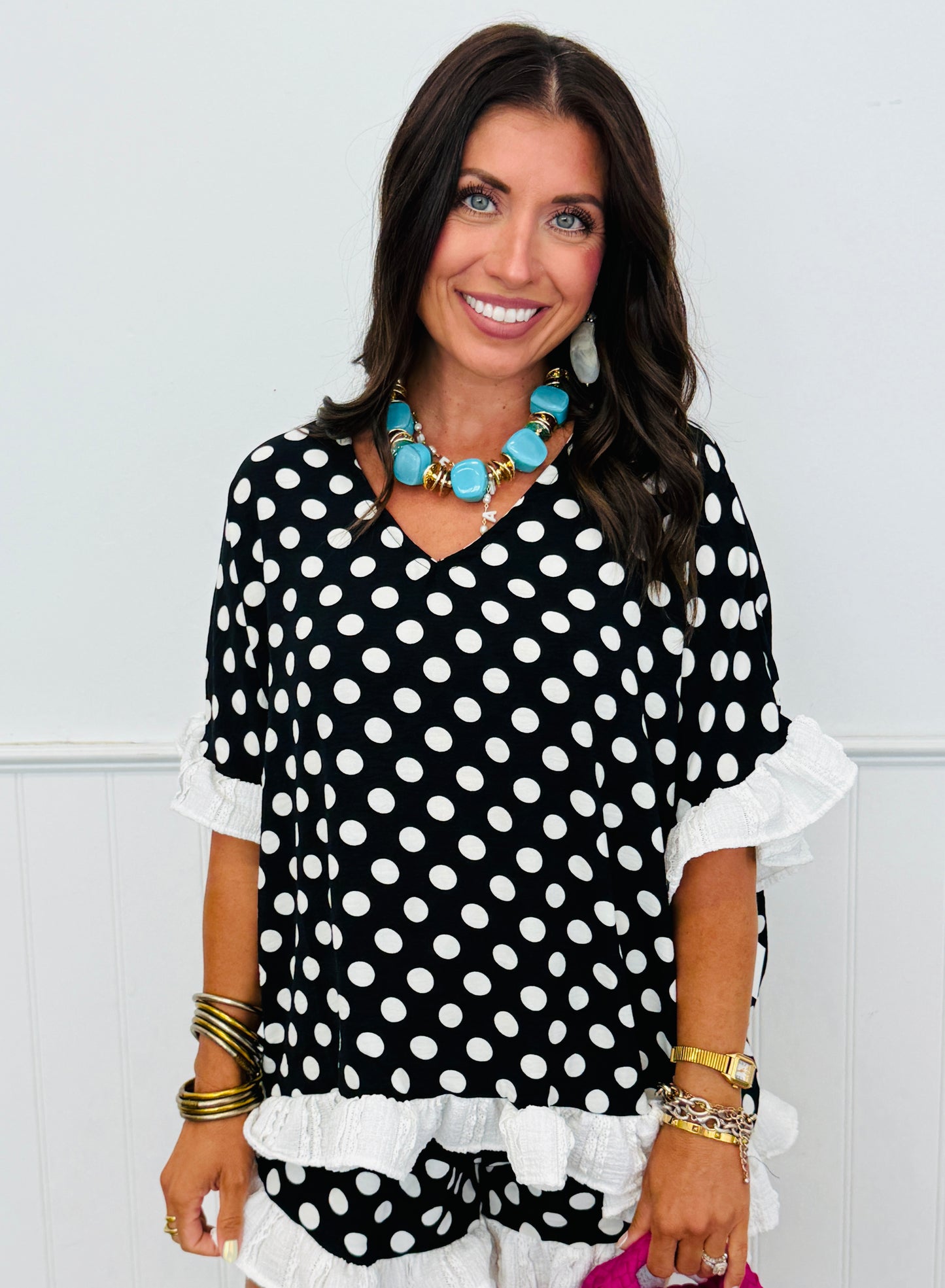 Black Polka Dot Ruffle Hem Blouse (Reg. and Plus) - 2 Colors
