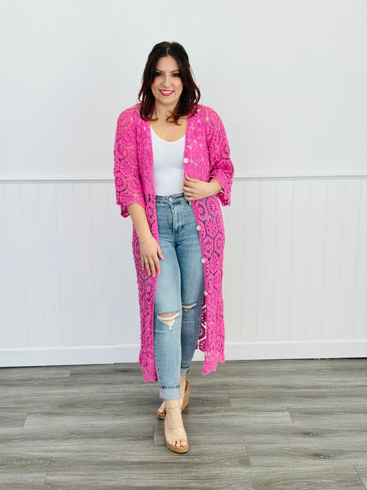 Pink Crochet Button Down Midi Dress (Reg)