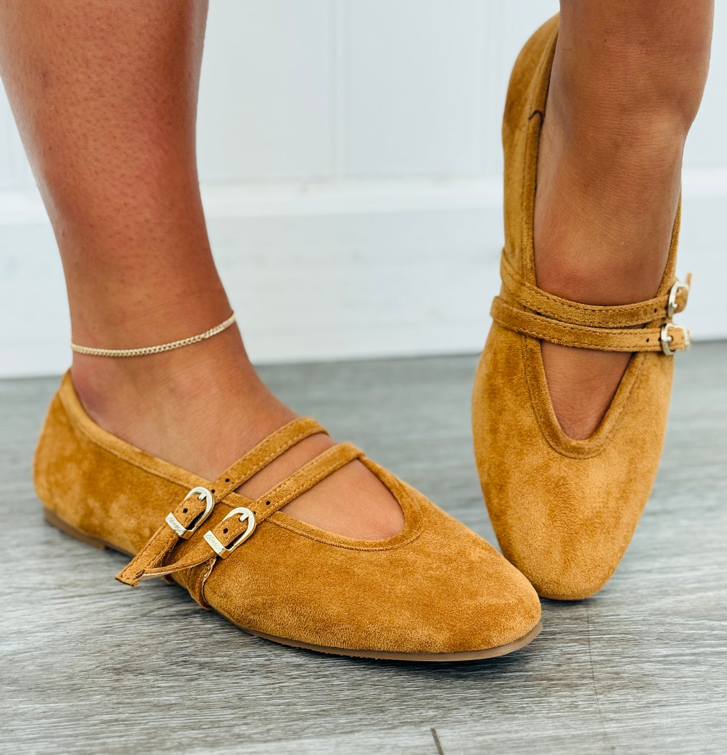 Tan Double Charm Mary Jane Flats