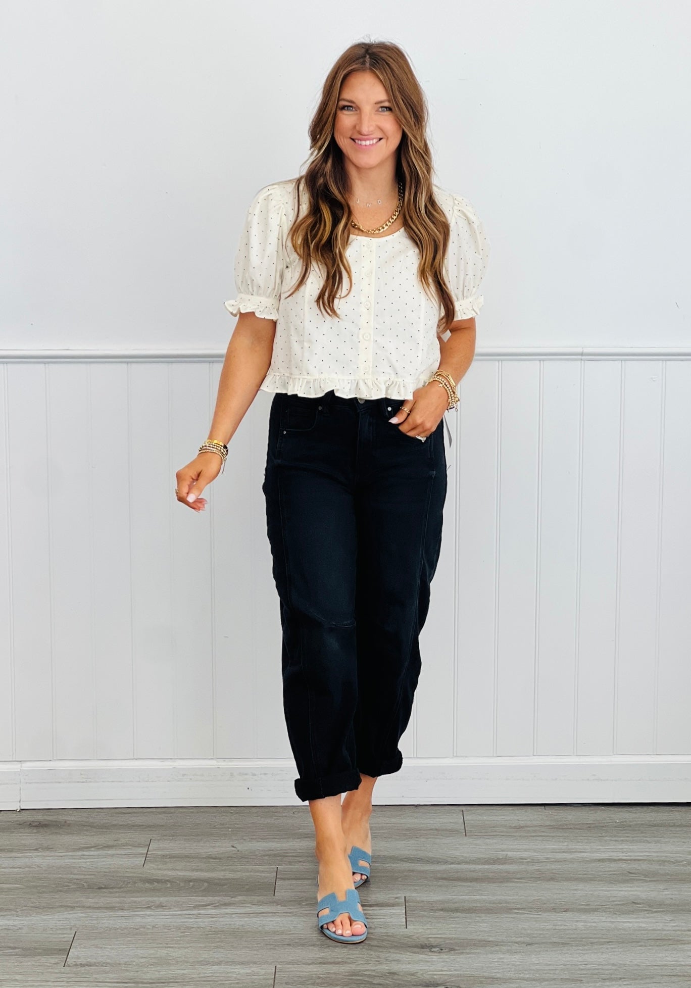 Cream Dot Ruffle Hem Blouse (Reg.)