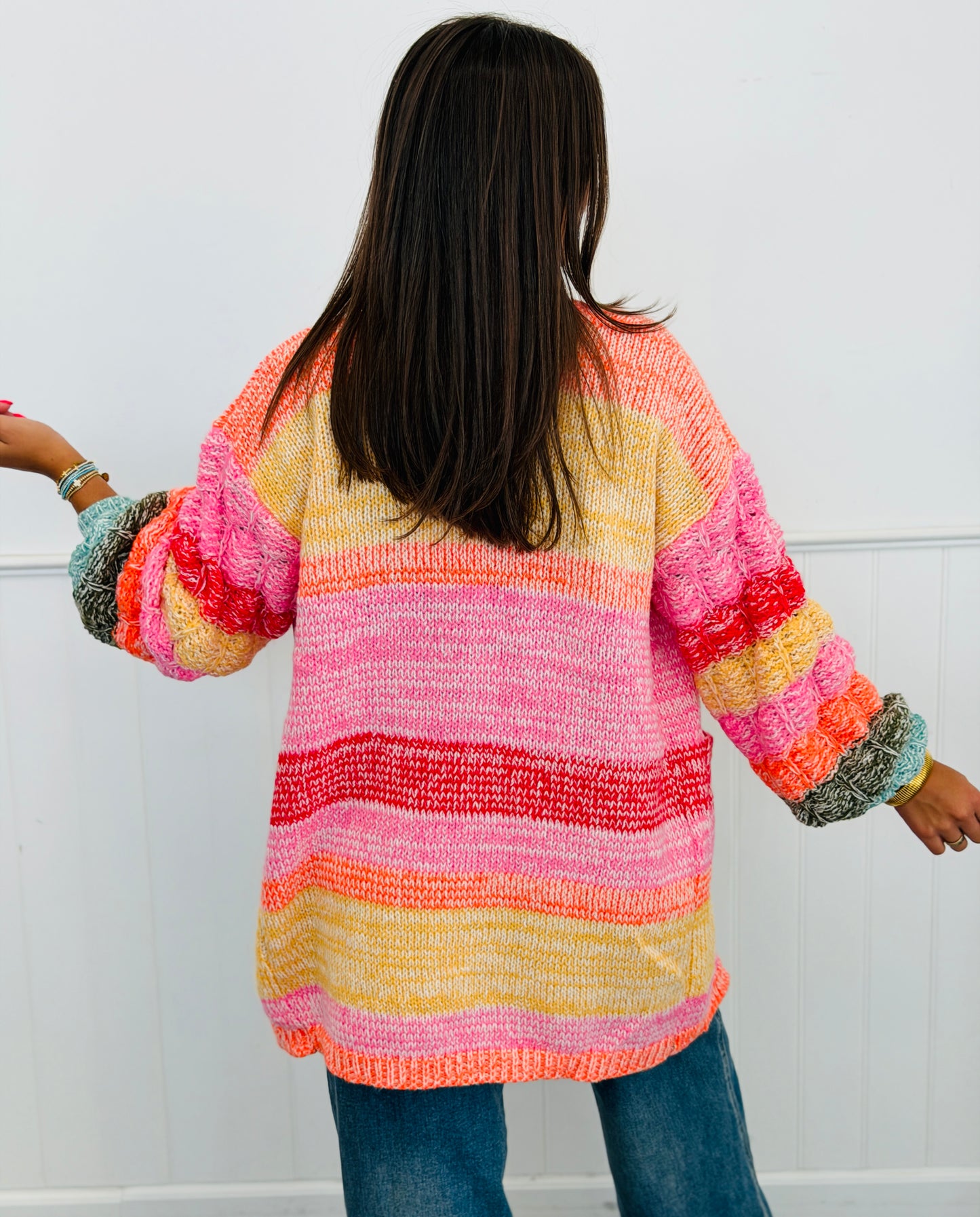 Pink/Orange Bubble Sleeves Open Front Cardigan (Reg.)