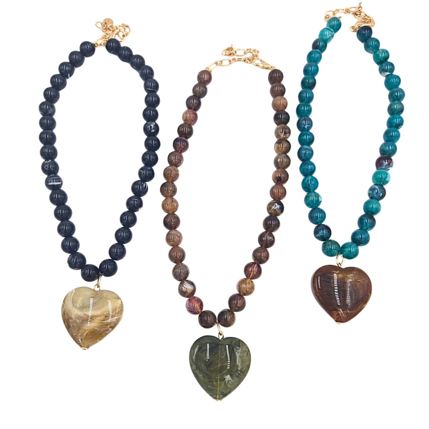 Marble Bead & Heart Pendant Necklace (3 colors)