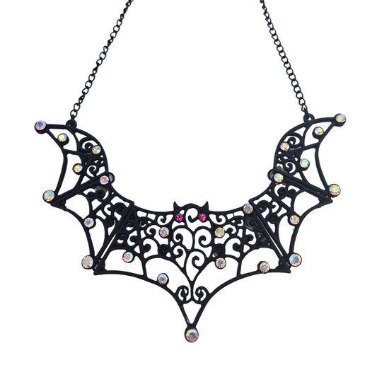 Black Jeweled Filigree Bat Necklace