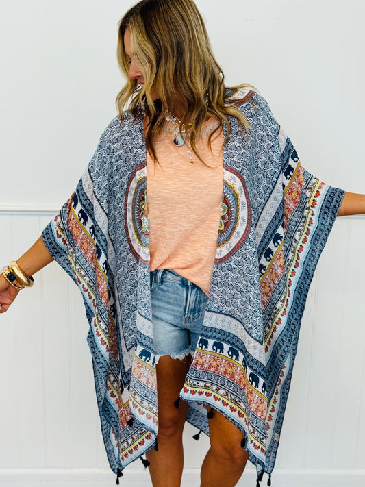 Blue Boho Print Kimono (OS)