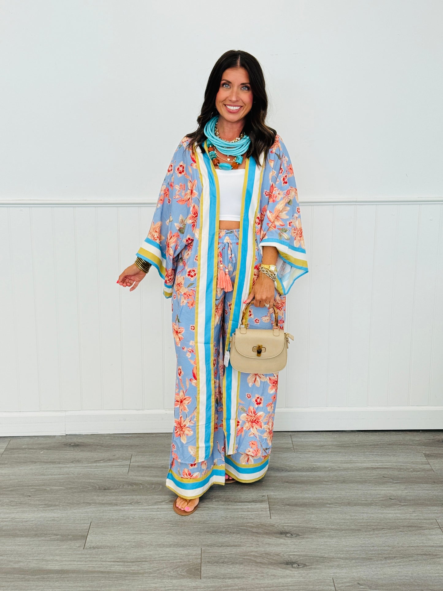 Lt. Blue Multi Floral Printed Wide Leg Pants (Reg. and Plus)