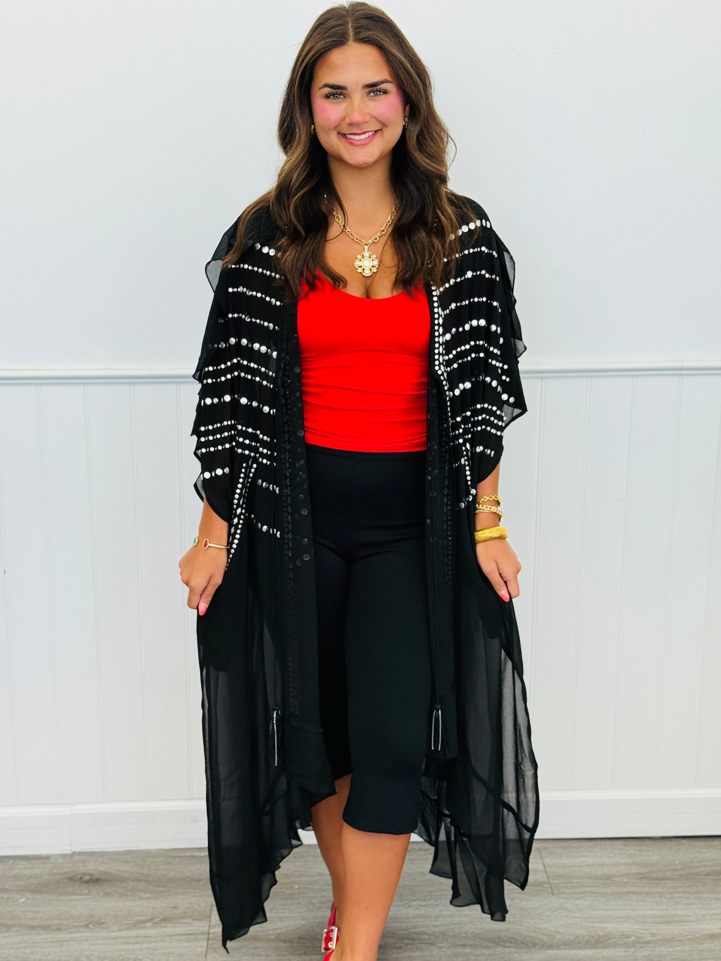 Black Front Tie Tassel Longline Cardigan (OS & Plus)
