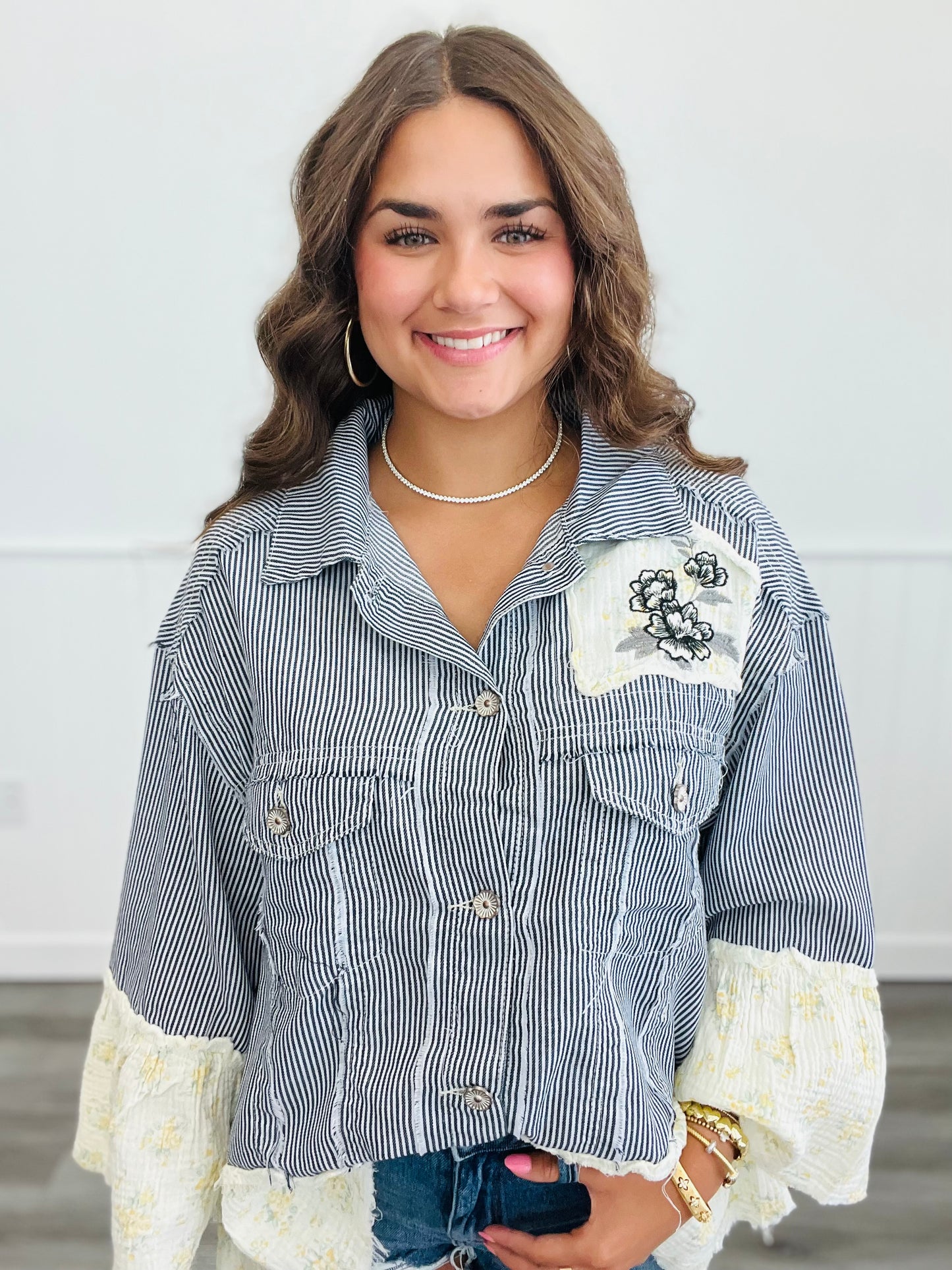 POL Striped Denim Floral Patch Jacket (Reg.)