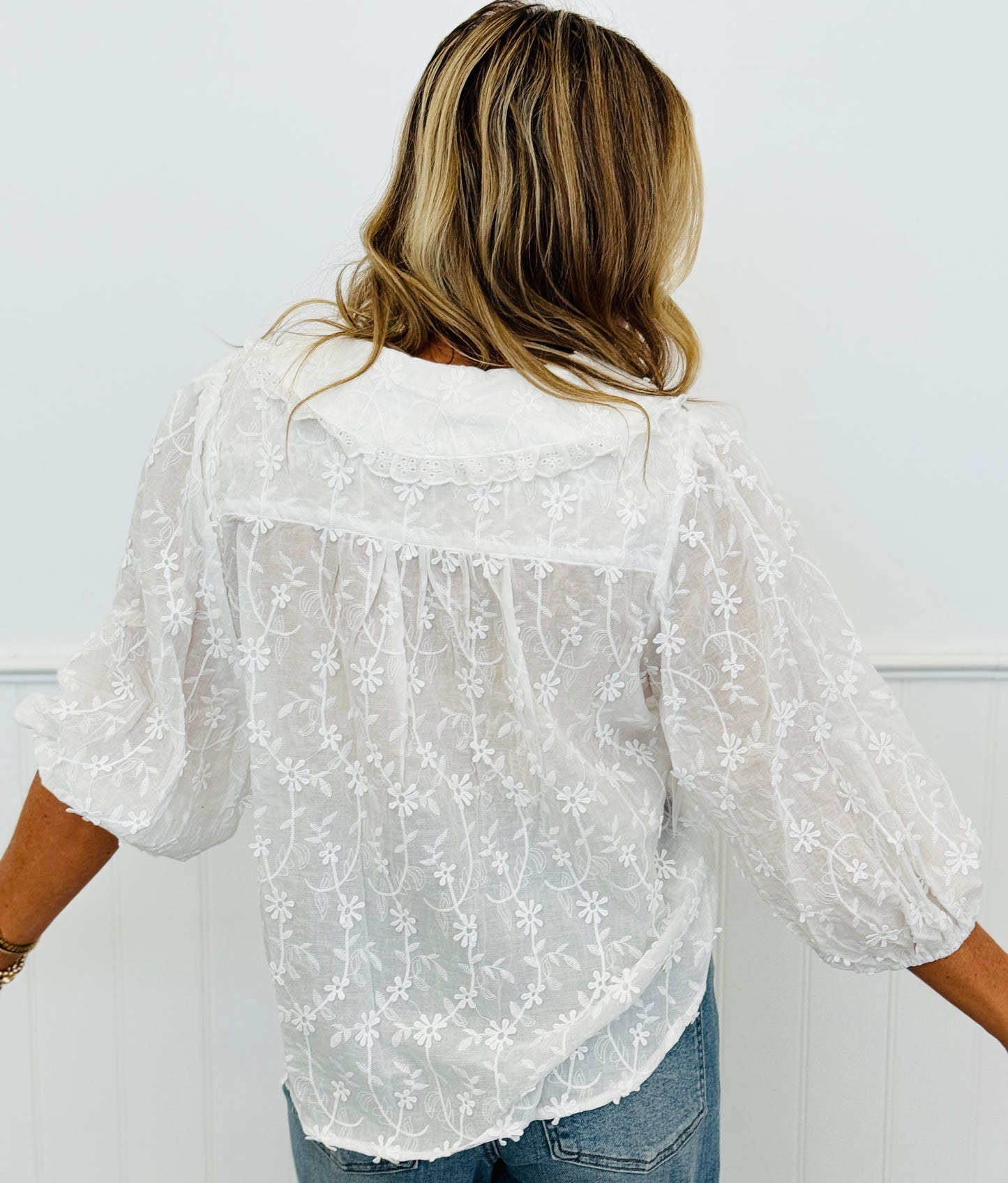 Off White Floral Embroidered Peter Pan Collar Blouse (Reg. & Plus)