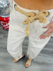 Taupe Striped Grommet Waist Tie Barrel Pants (Reg.)
