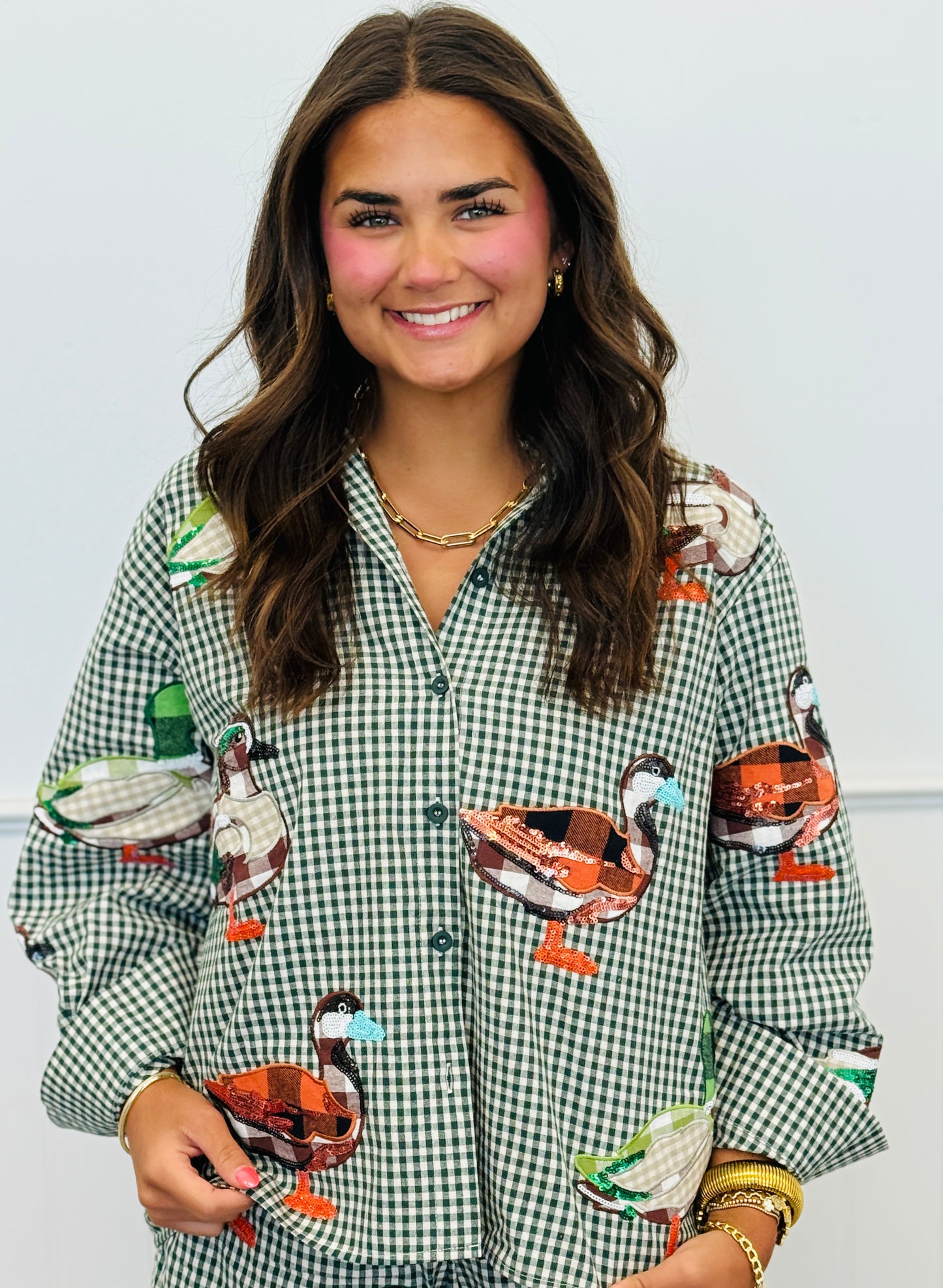 Queen Of Sparkles Green/White Gingham Duck Button Up Top (Reg. and Plus)