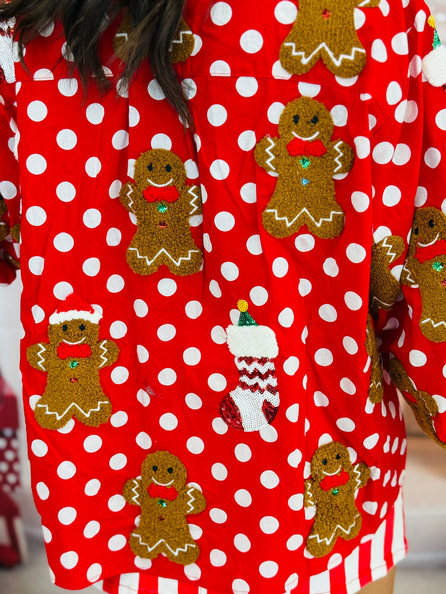Queen Of Sparkles Polka Dot Gingerbread Man & Stocking Top (Reg. & Plus)
