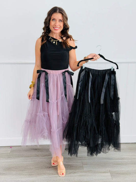 Trailing Bows Tulle Tiered Midi Skirt (Reg)-2 Colors