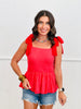 Waffle Knit Lace Ribbon Shoulder Tie Top (Reg.) - 3 Colors