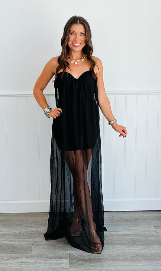 Black Mesh Overlay Corset Maxi Dress (Reg)