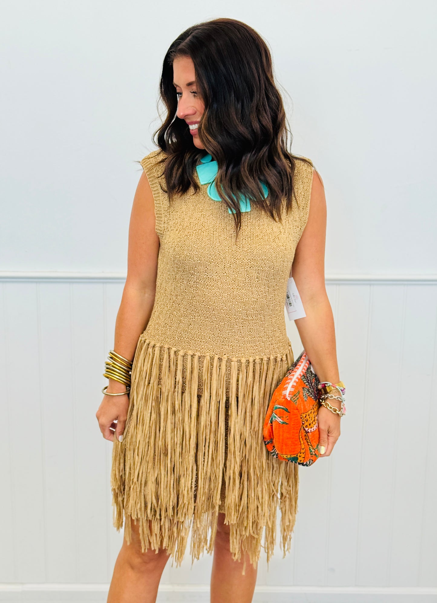 Taupe Fringe Sleeveless Mini Dress (Reg.)