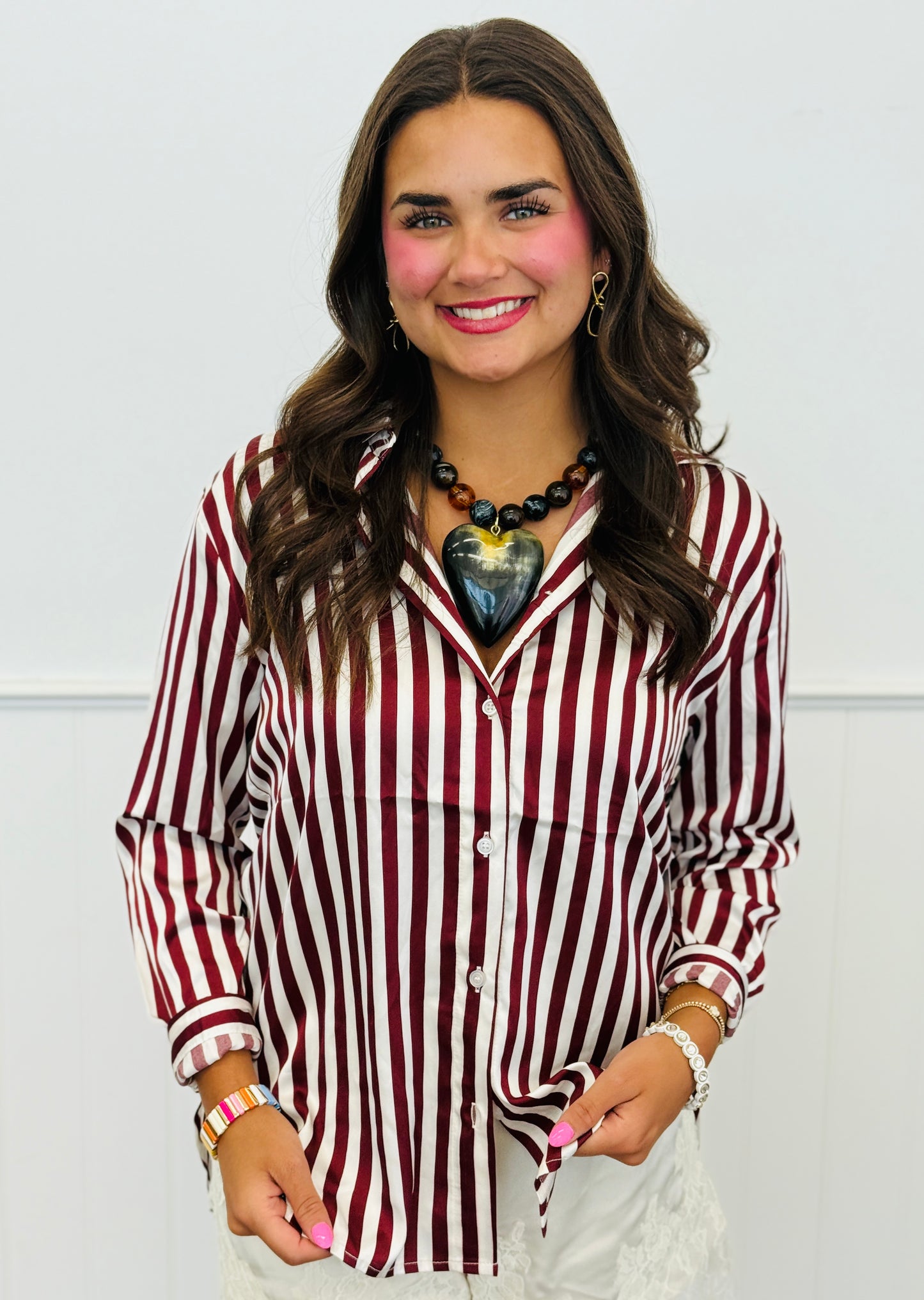 Wine Vertical Striped Charmeuse Blouse (Reg.)