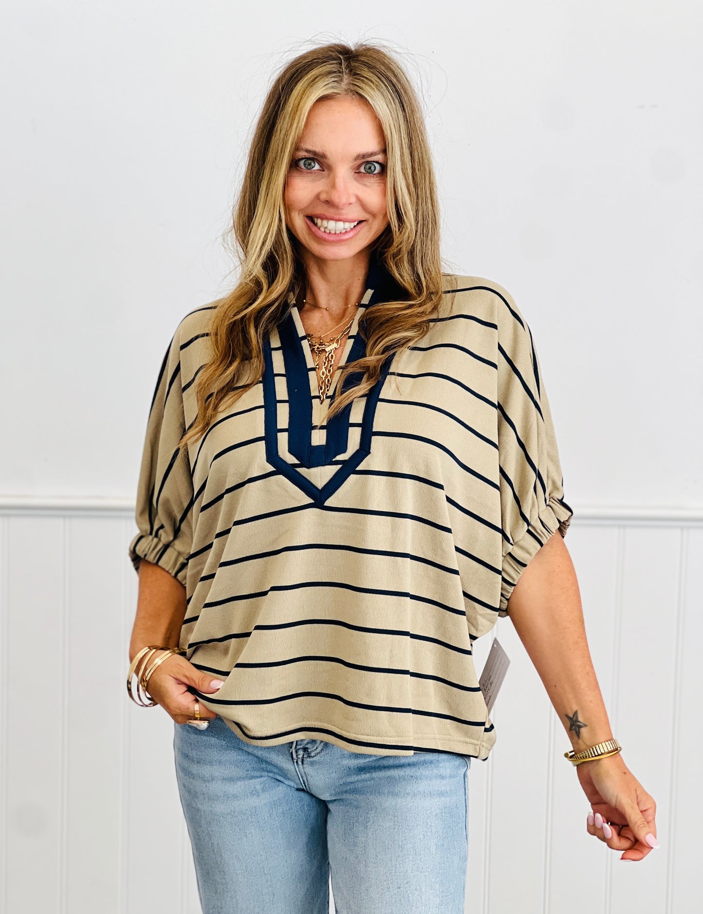 Striped Contrast Split V-Neck Blouse (Reg & Plus)-2 Colors