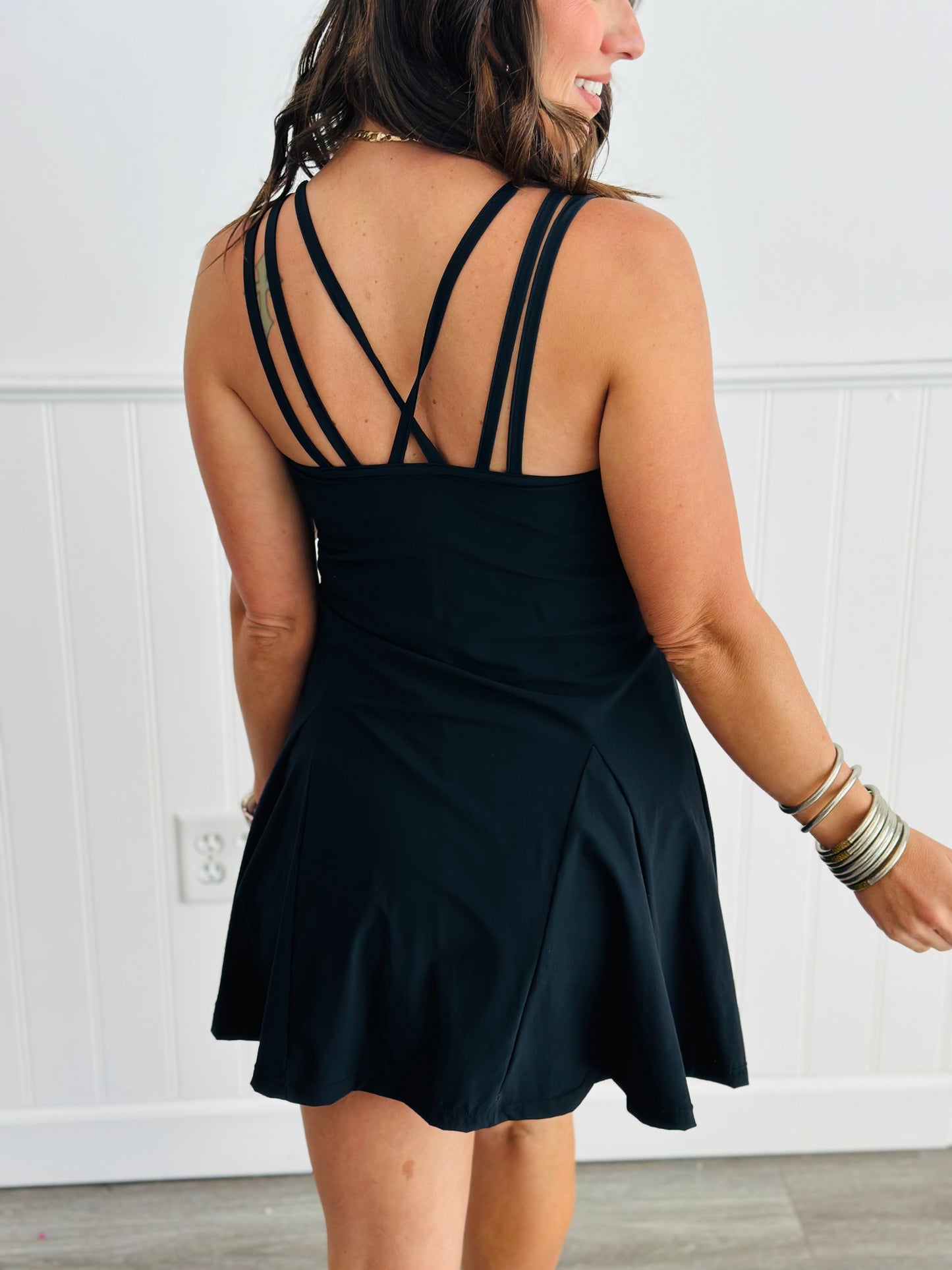 Black Strappy Back Mini Skort Dress (Reg & Plus)