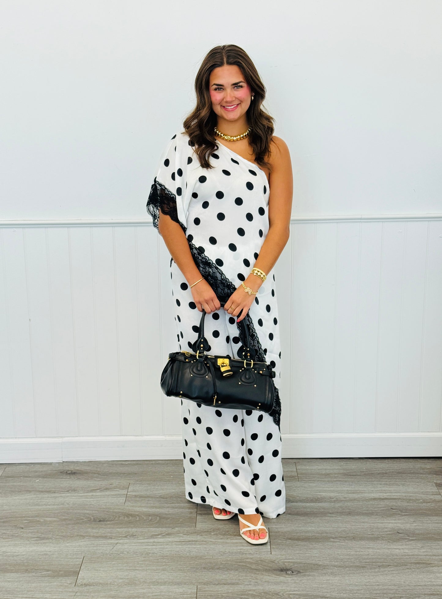 White Polka Dot Asymmetrical Top & Pants Set (Reg.)