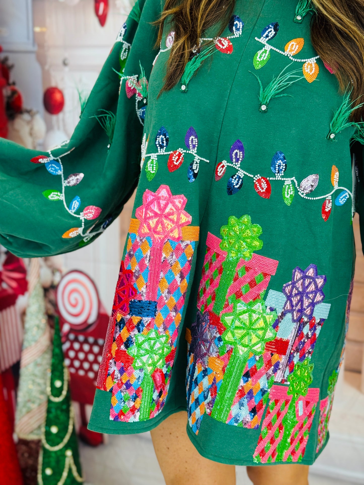 Queen Of Sparkles Green Christmas Lights & Presents Feather Dress (Reg. & Plus)