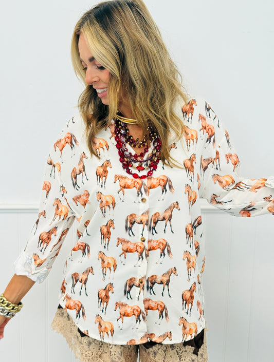 Horse Print Kathryn Classic Button Down Top (Reg. & Plus)