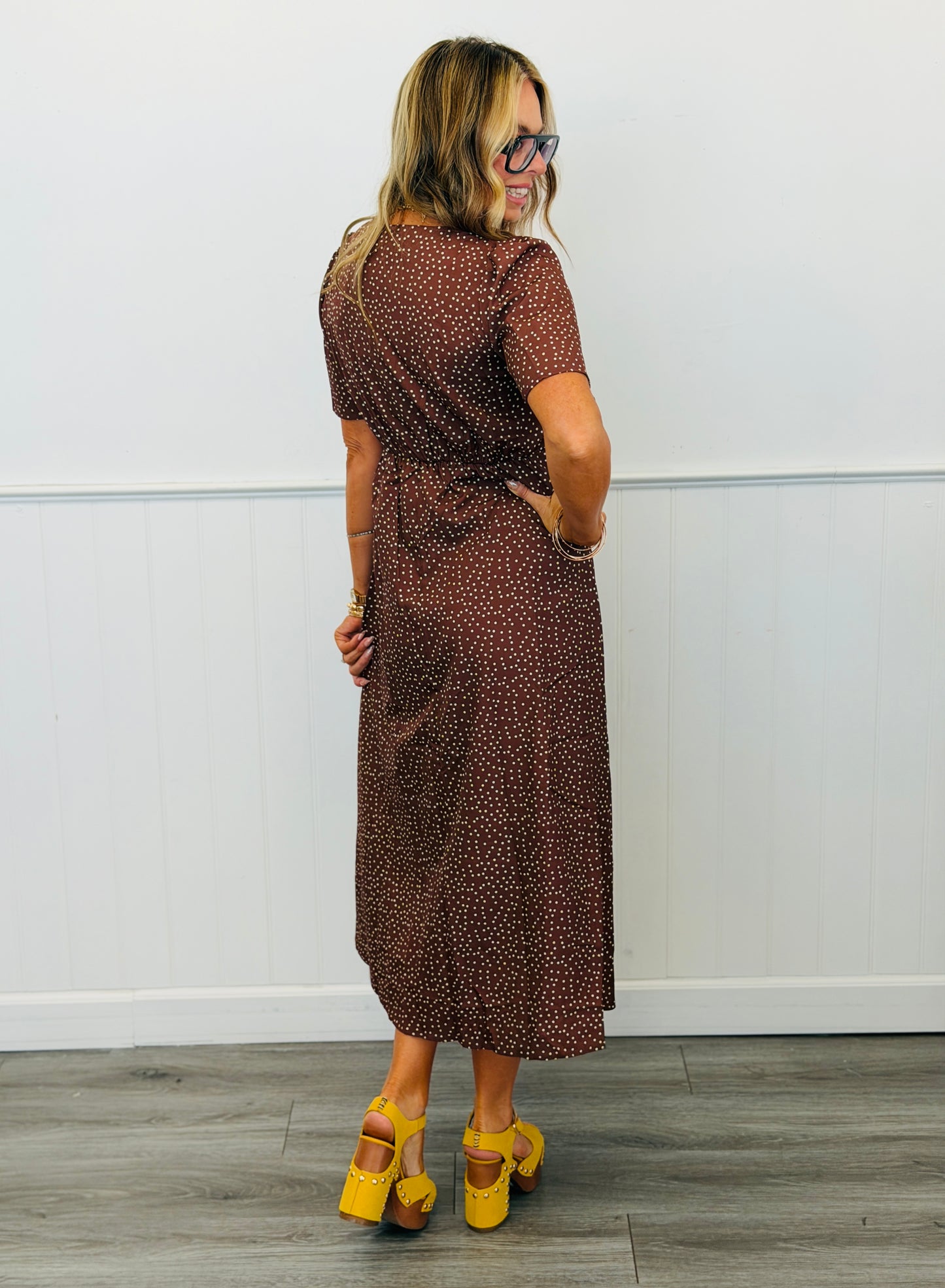 Mocha/Ivory Polka Dot Print Midi Dress (Reg & Plus)