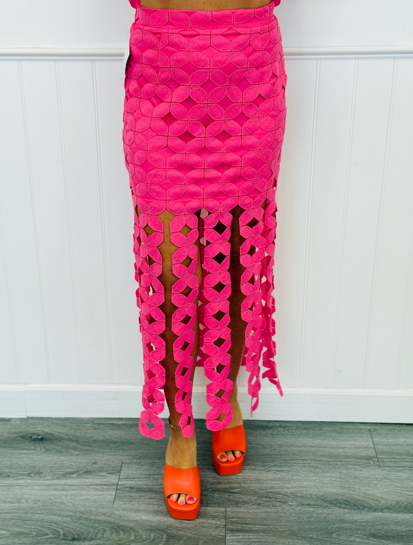 Hot Pink Crochet Geometric Maxi Skirt (Reg & Plus)