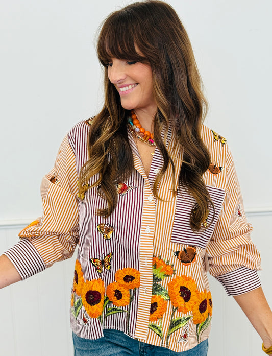 Queen Of Sparkles Striped Butterfly & Sunflower Button Up Top (Reg. and Plus)