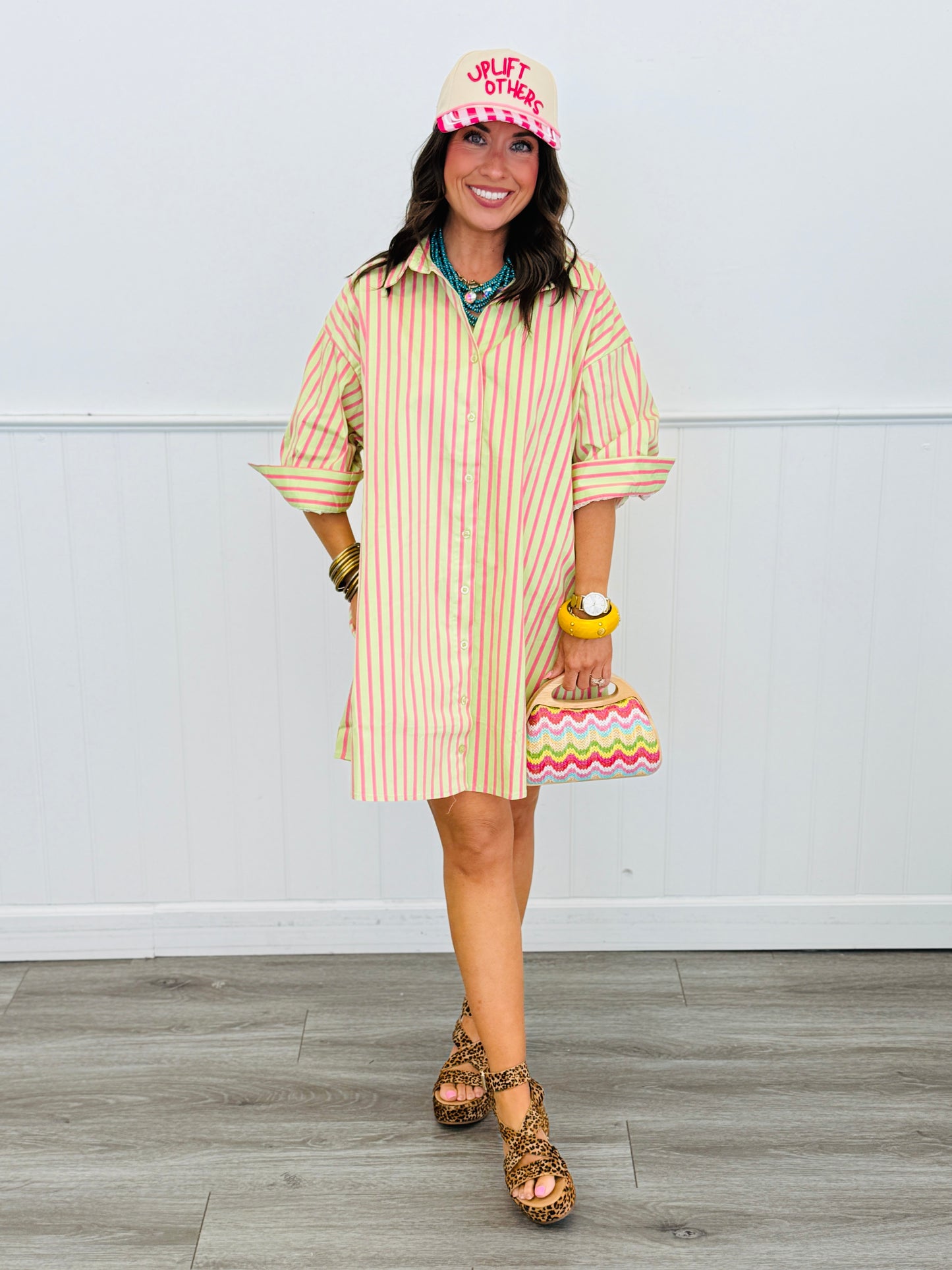 Avocado/Pink Striped Mini Shirt Dress (Reg & Plus)