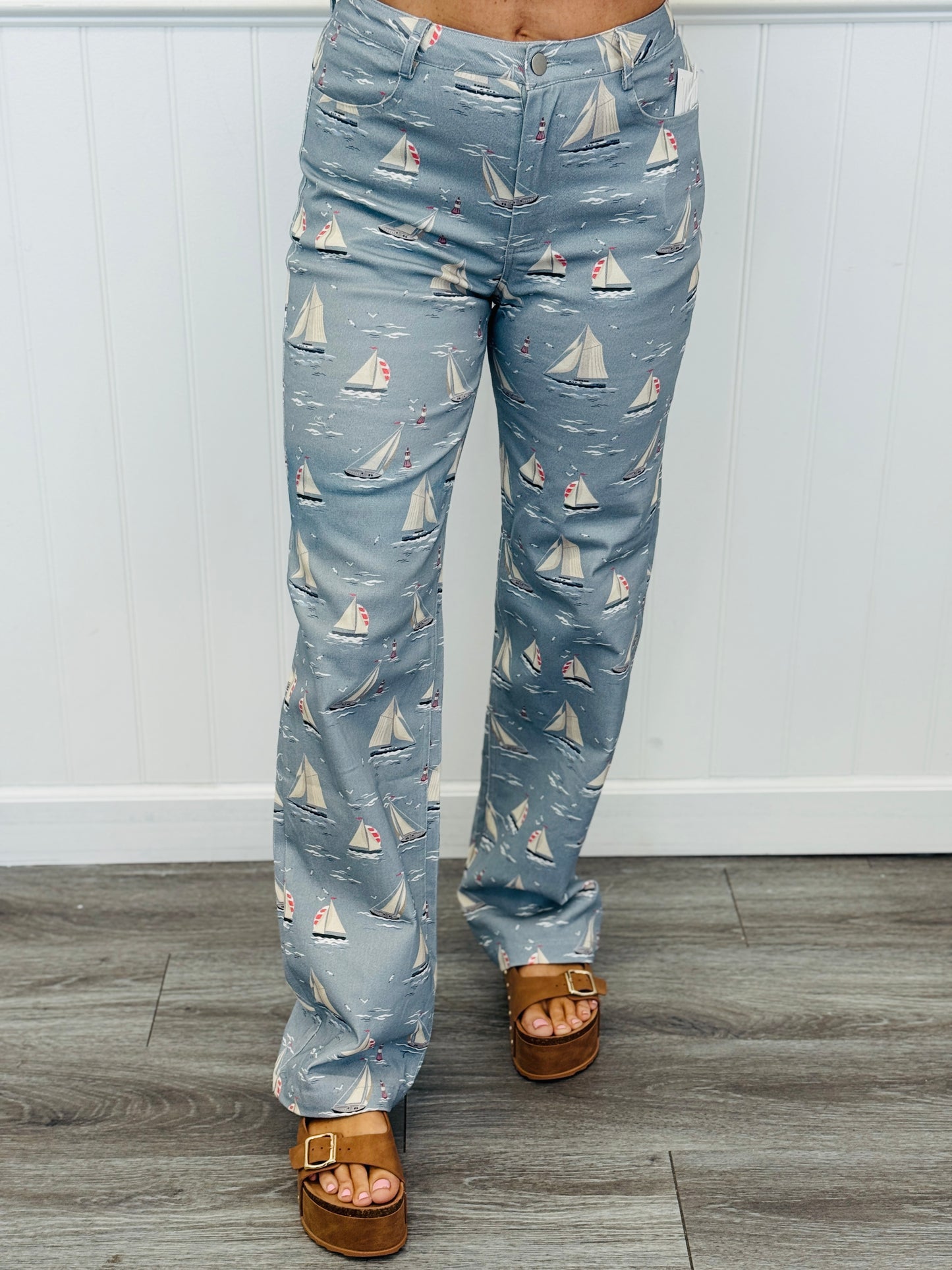Dusty Blue Sailboat Print Pants (Reg.)