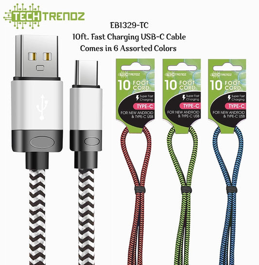 10Ft USB-C Quick Charging Cables - 6 Colors