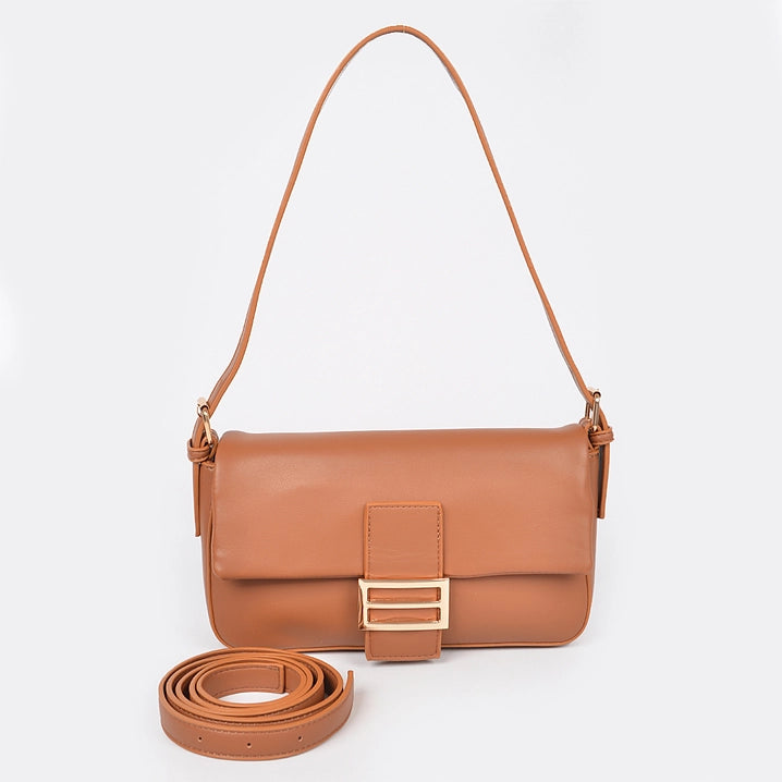 Camel Faux Leather Flap Crossbody Bag