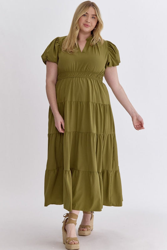 Martini Olive V-Neck Bubble Sleeve Tiered Midi Dress (Plus)