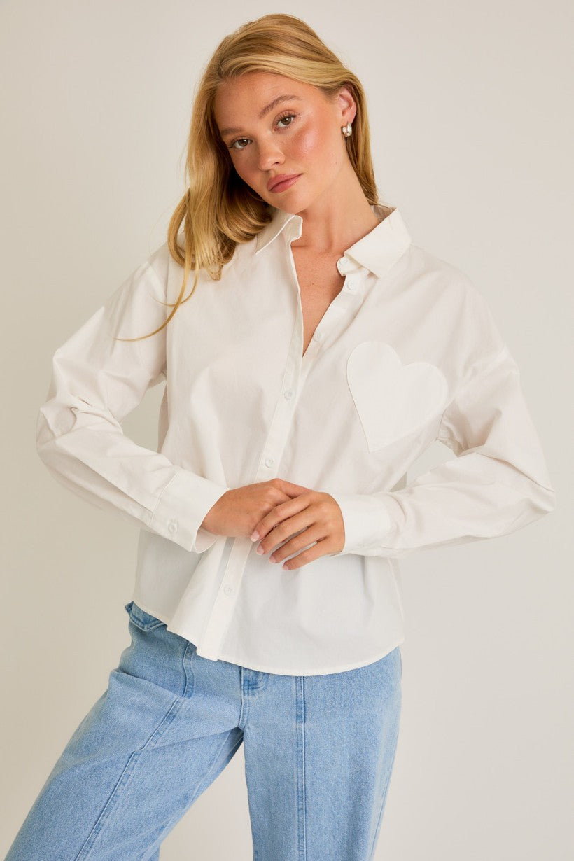 White Heart Pocket Button Down Top (Reg.)