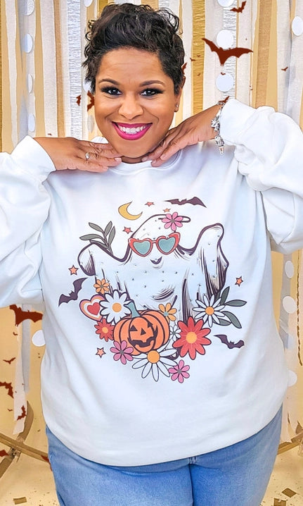 Floral Ghost Rhinestone Graphic Sweatshirt (Reg. and Plus)