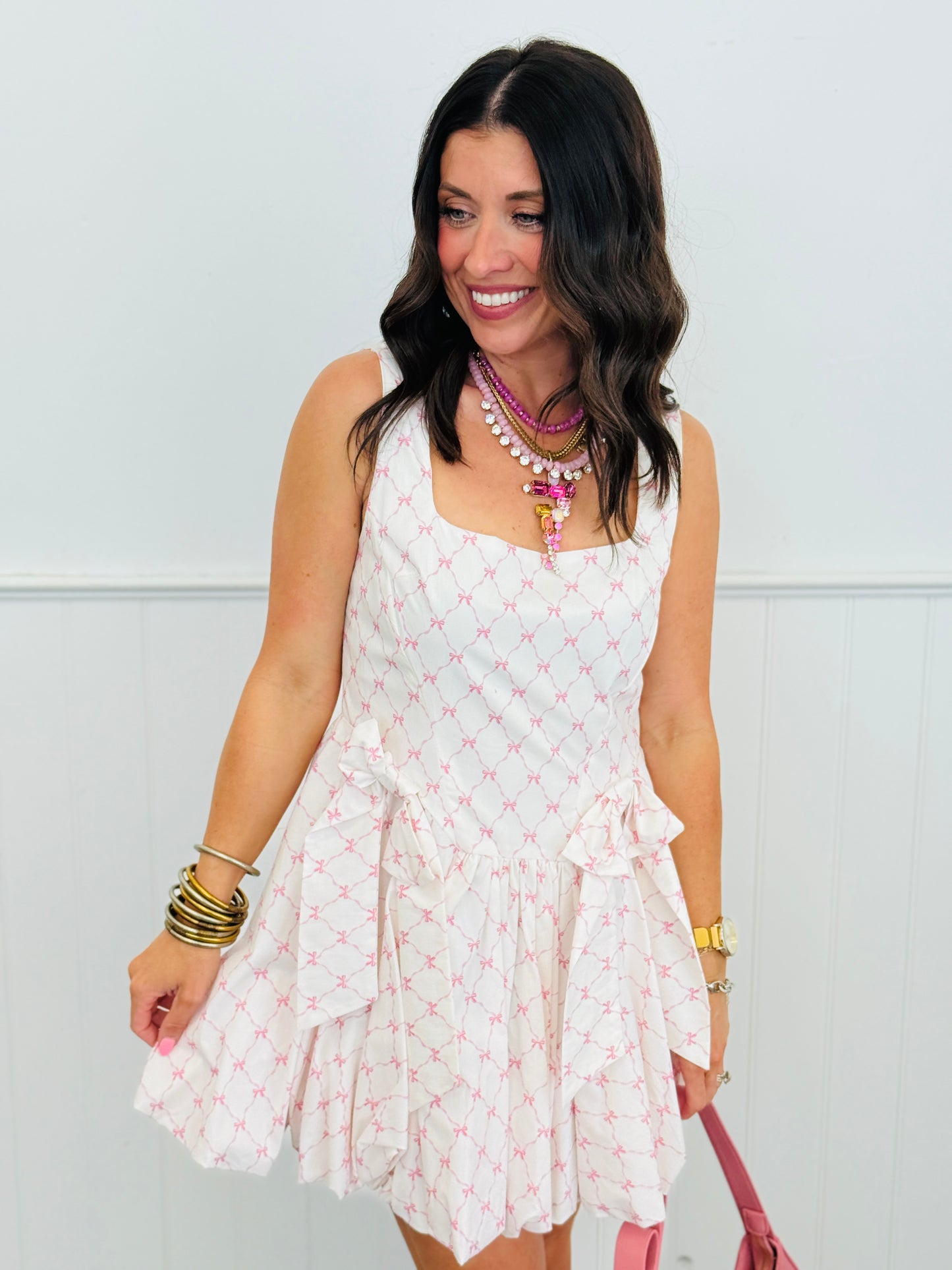 Pink/White Bow Bubble Hem Mini Dress (Reg.)