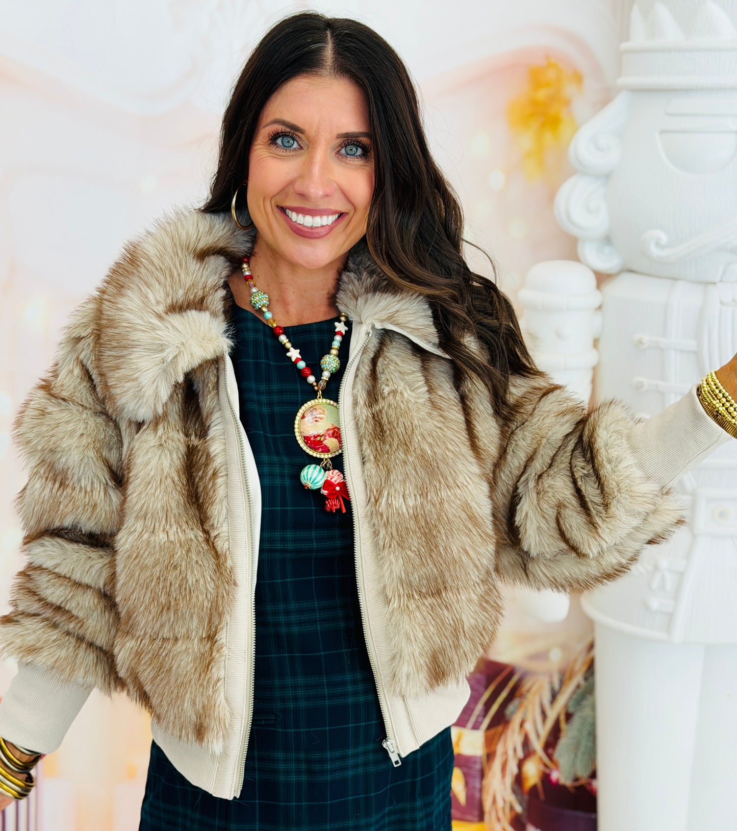 Taupe Faux Fur Bomber Jacket (Reg.)
