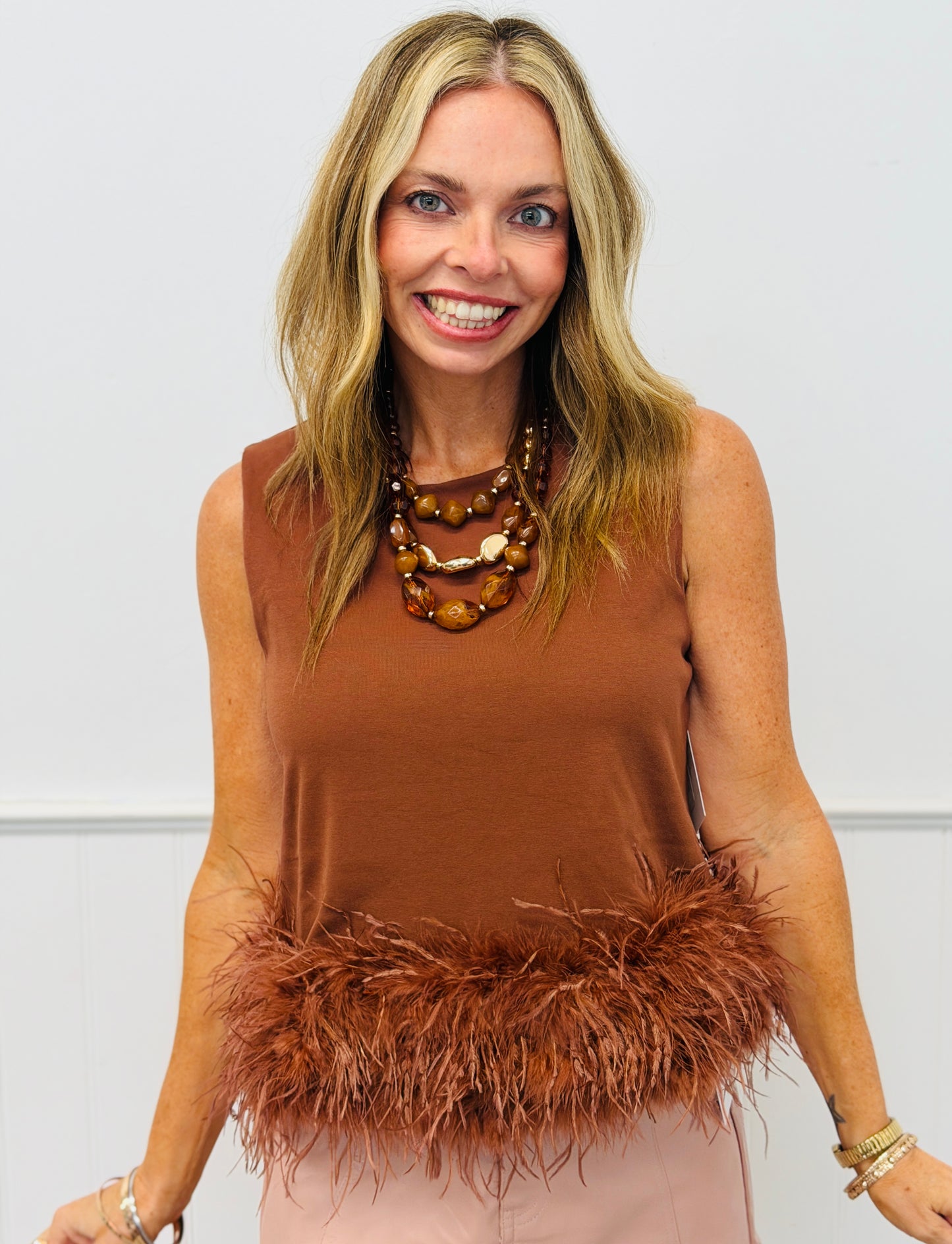 Toffee Brown Feather Hem Tank Top (Reg.)