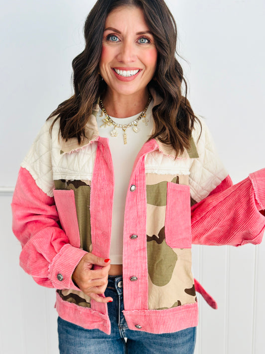 POL- Neon Pink Contrast Quilt Corduroy Jacket (Reg)